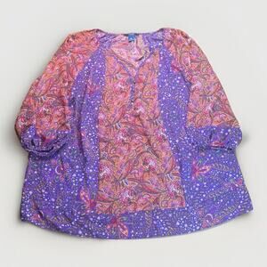 Chaps Peasant Cottage Womens Plus 1X Paisley Orange Purple Chiffon V-neck Boho